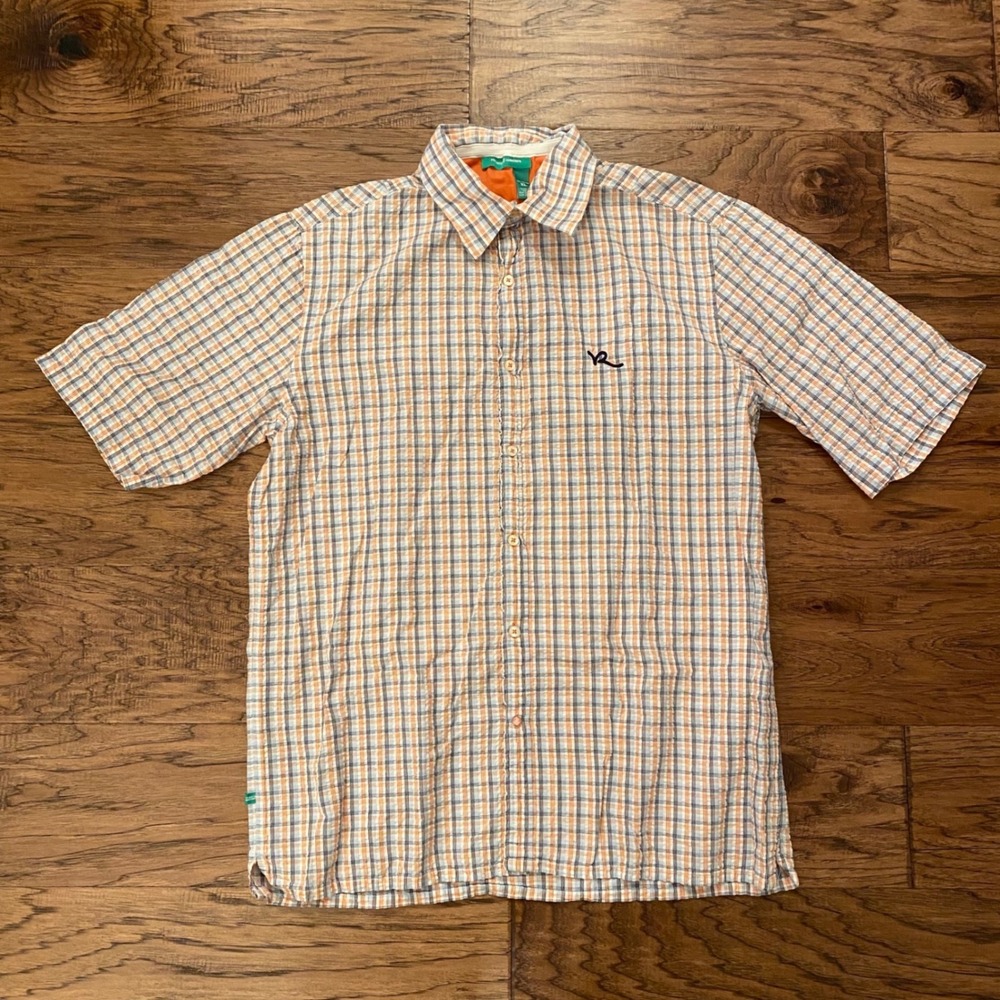 Rocawear Button Down Shirt Mens XL Orange Blue Plaid Short Sleeve Seersucker